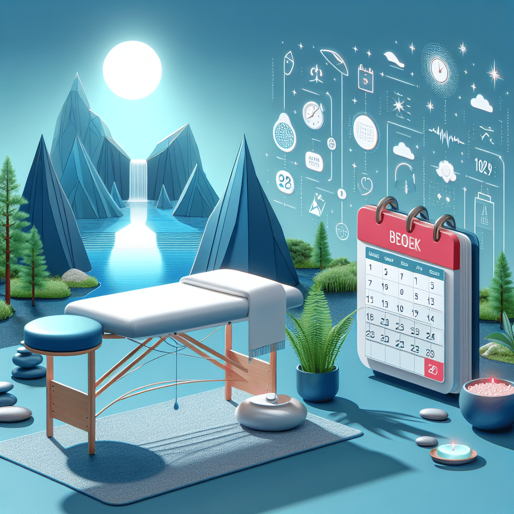 Spa massage table beside mountains and calendar planner