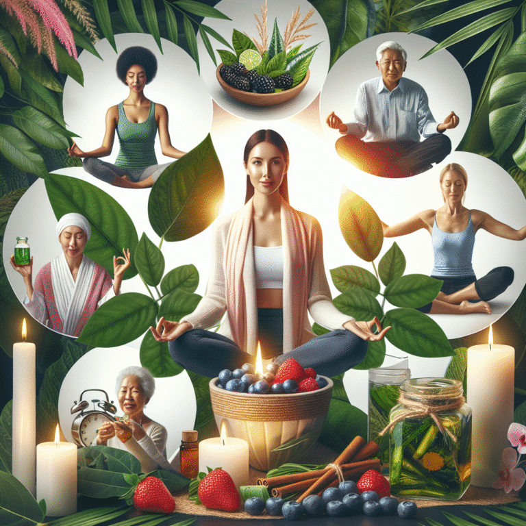 Wellness collage with meditation, fruits, candles and herbs