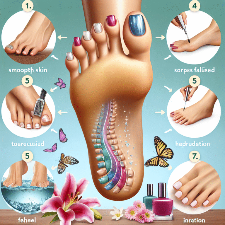 Illustrated pedicure steps with painted toenails and tools