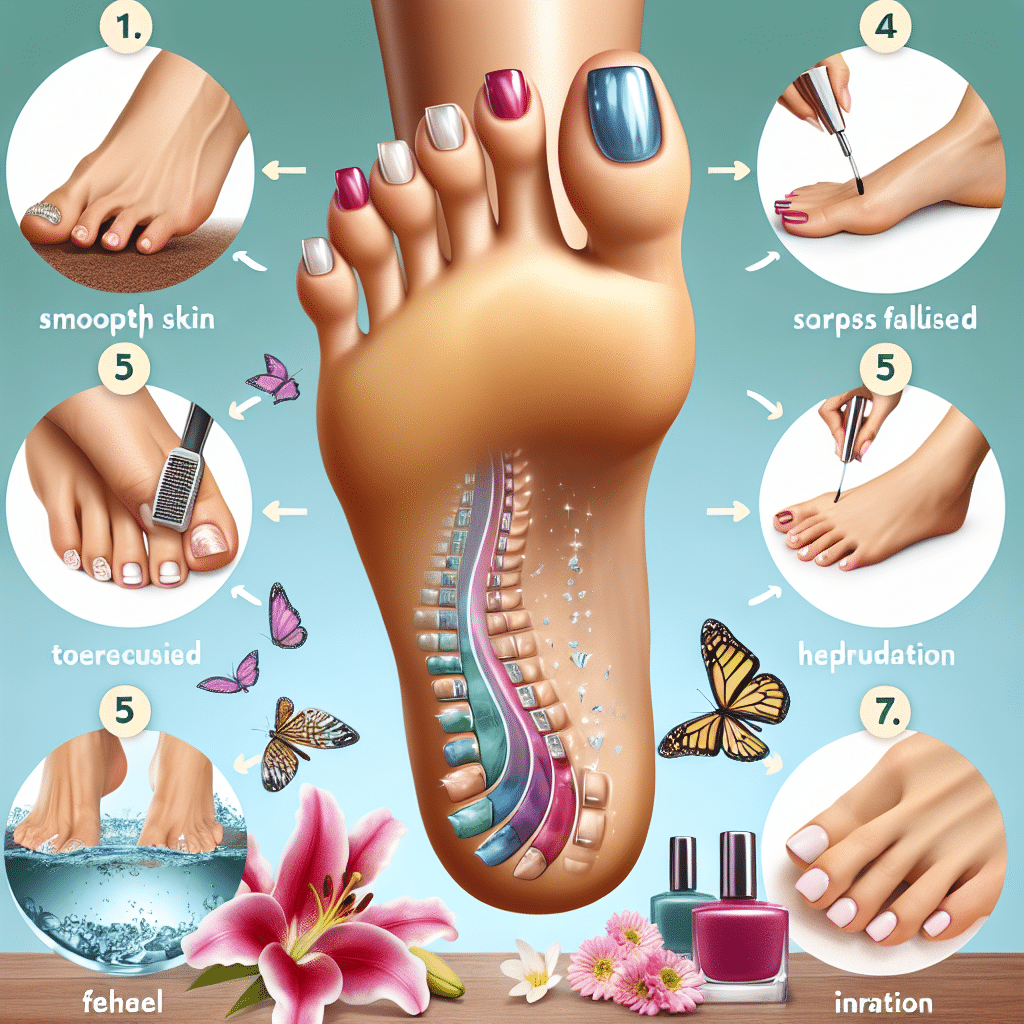 Illustrated pedicure steps with painted toenails and tools