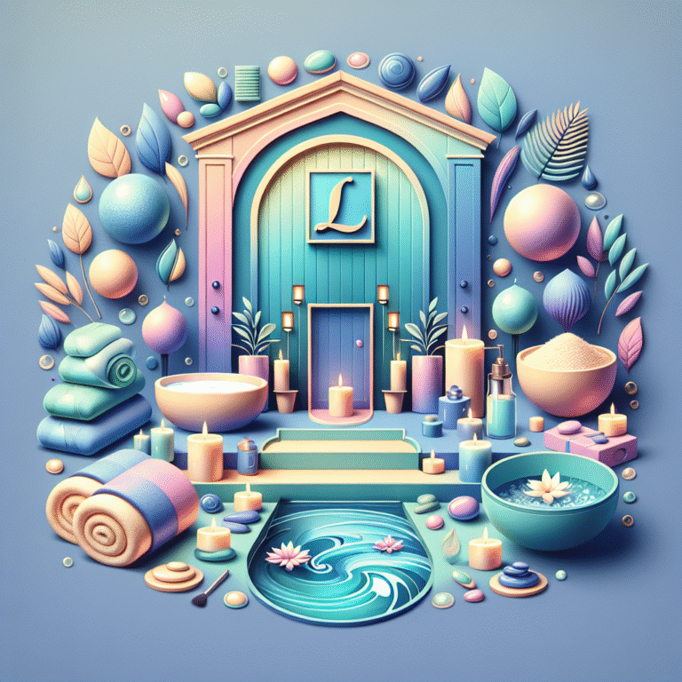 Pastel spa scene with candles, towels and lotus pool