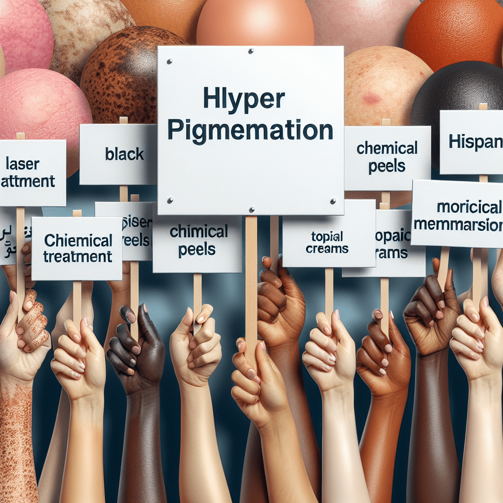 Diverse hands holding hyperpigmentation treatment signs