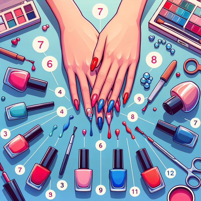 Illustrated manicured hands surrounded by nail polish tools