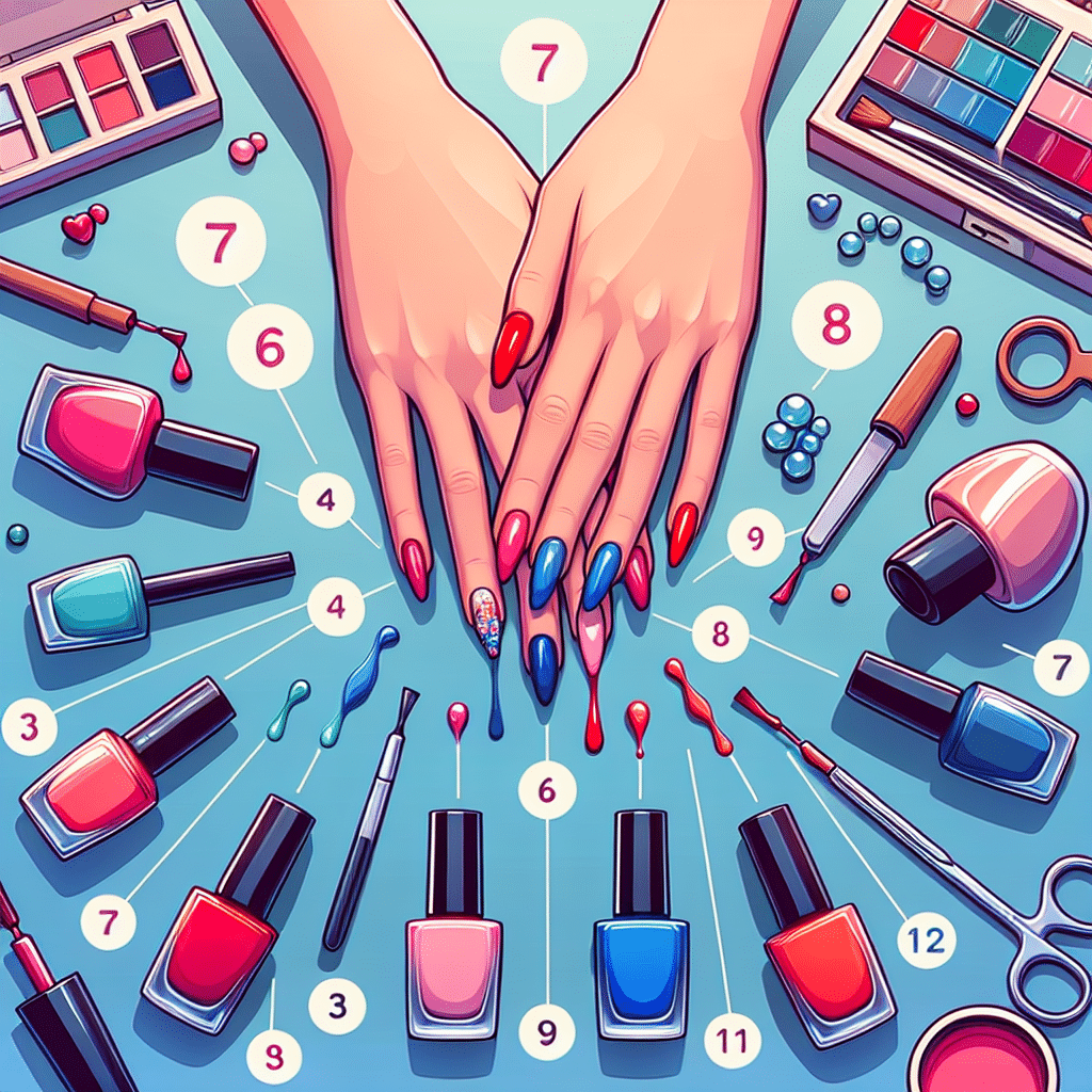 Illustrated manicured hands surrounded by nail polish tools