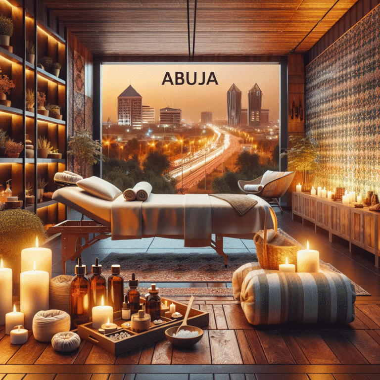 Luxury spa room overlooking Abuja skyline at dusk