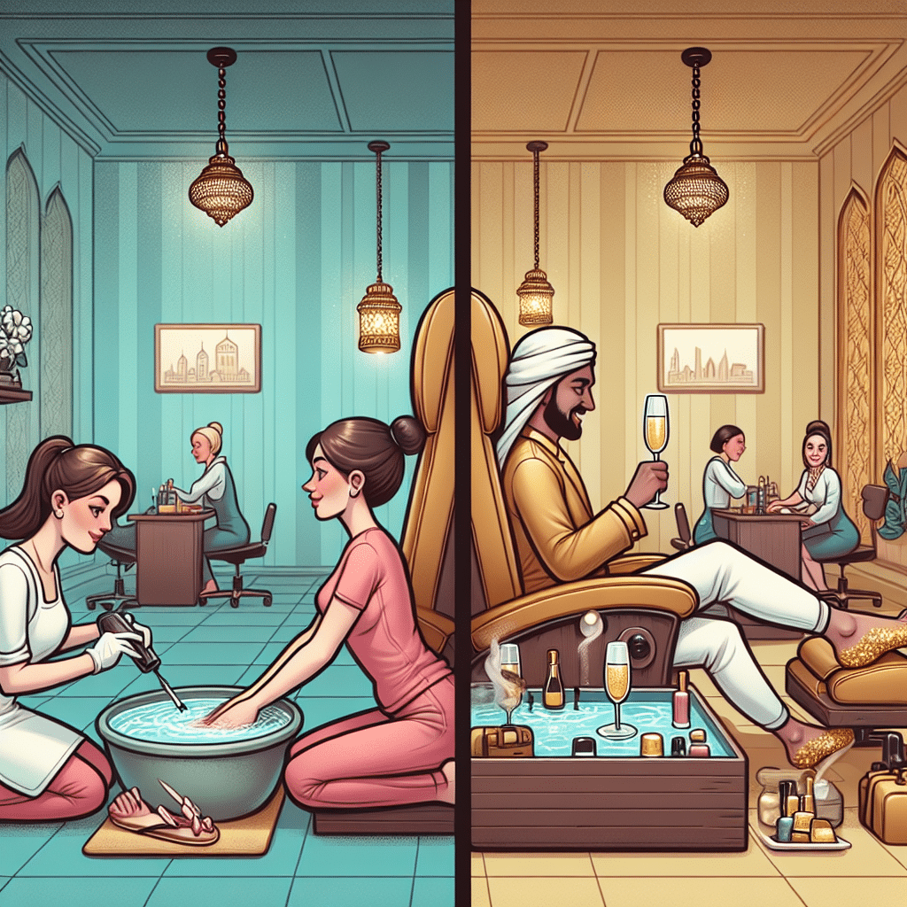 Split scene of women and man at nail salons