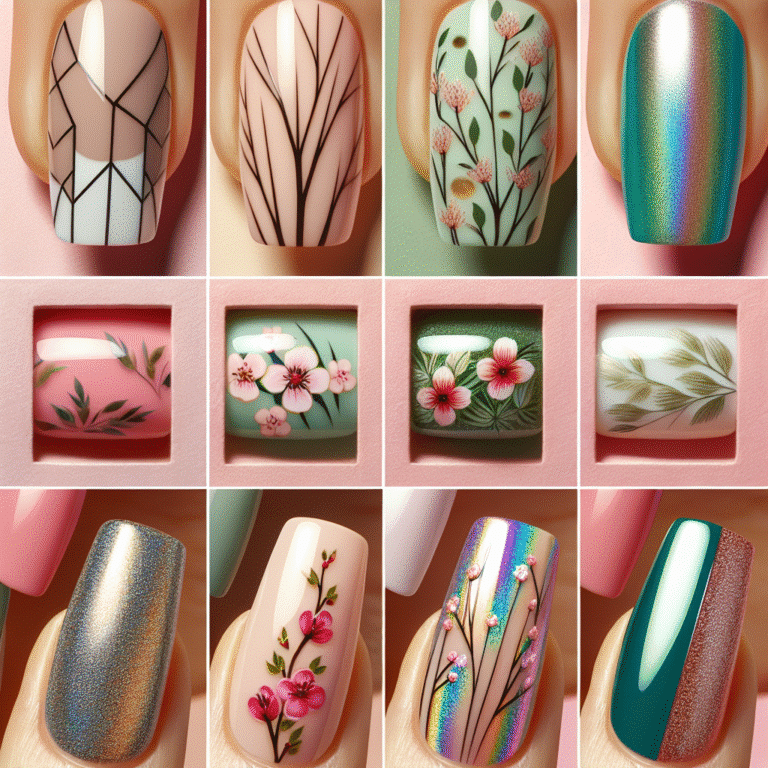 Collage of floral and holographic nail art designs