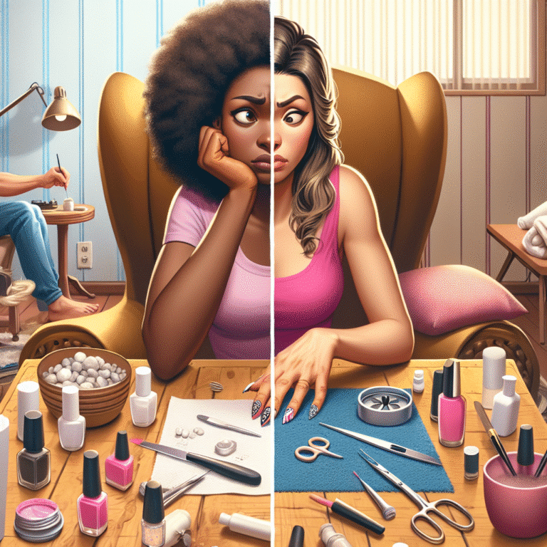Woman split view before and after manicure