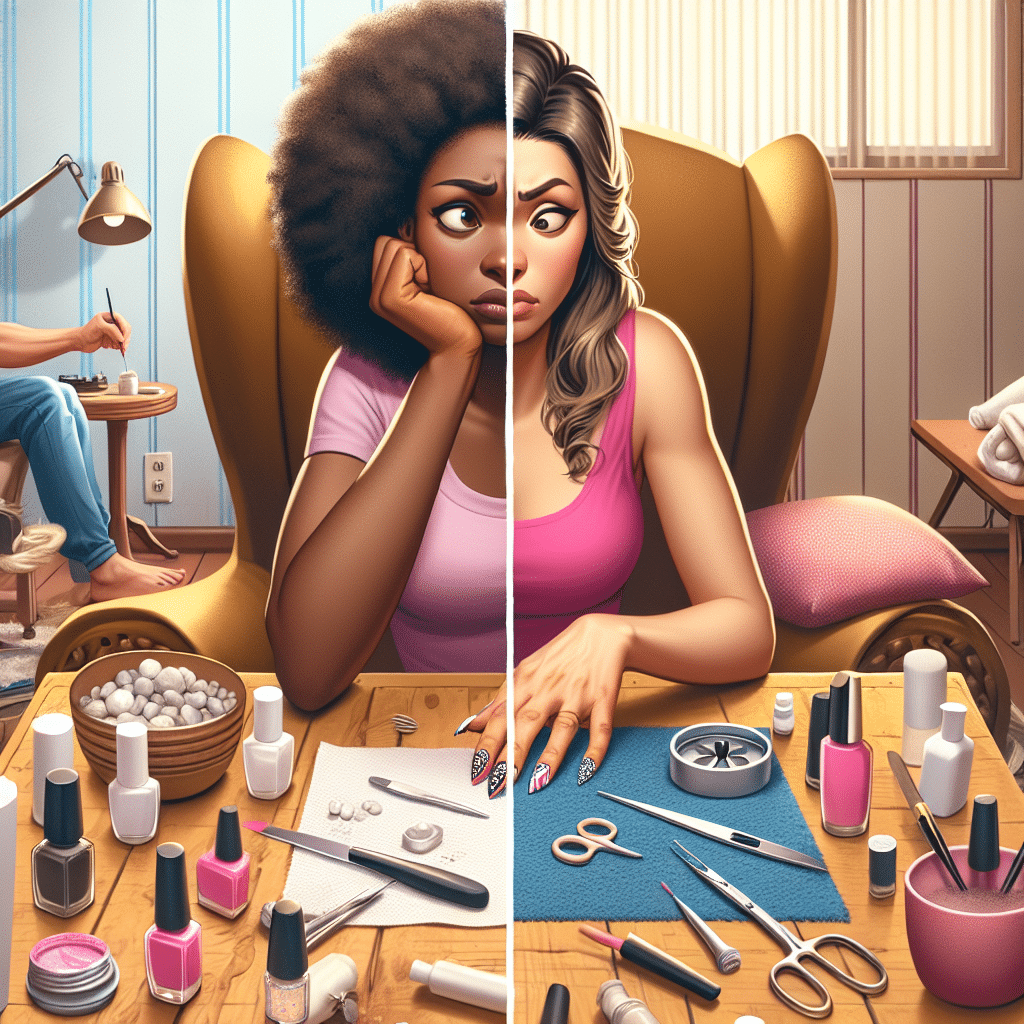 Woman split view before and after manicure
