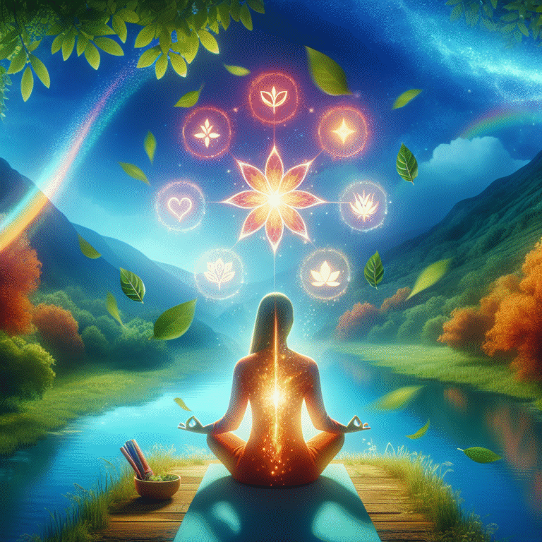 Person meditating by river with glowing chakra symbols
