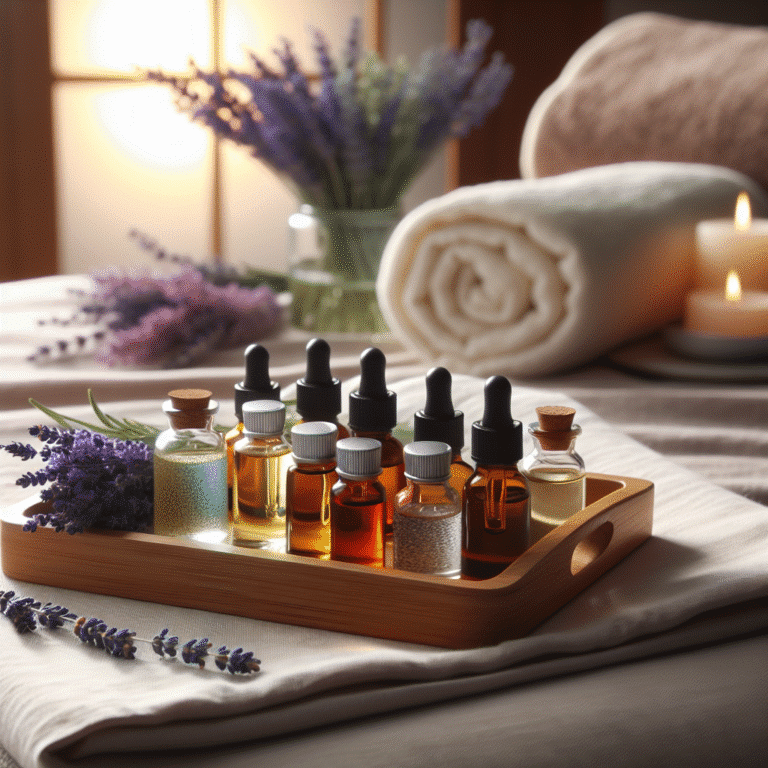 Lavender essential oils and candles in spa setting