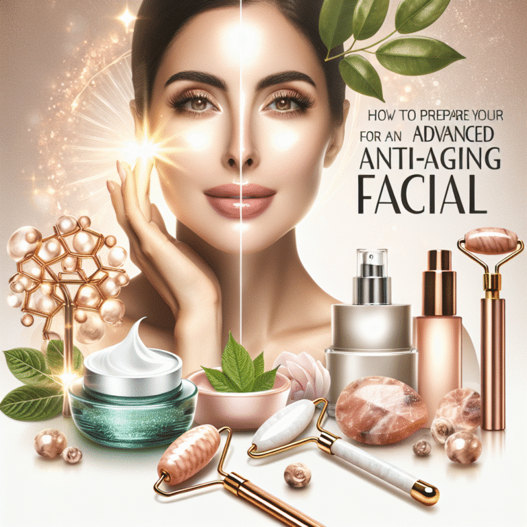 Woman with skincare products promoting advanced anti-ageing facial