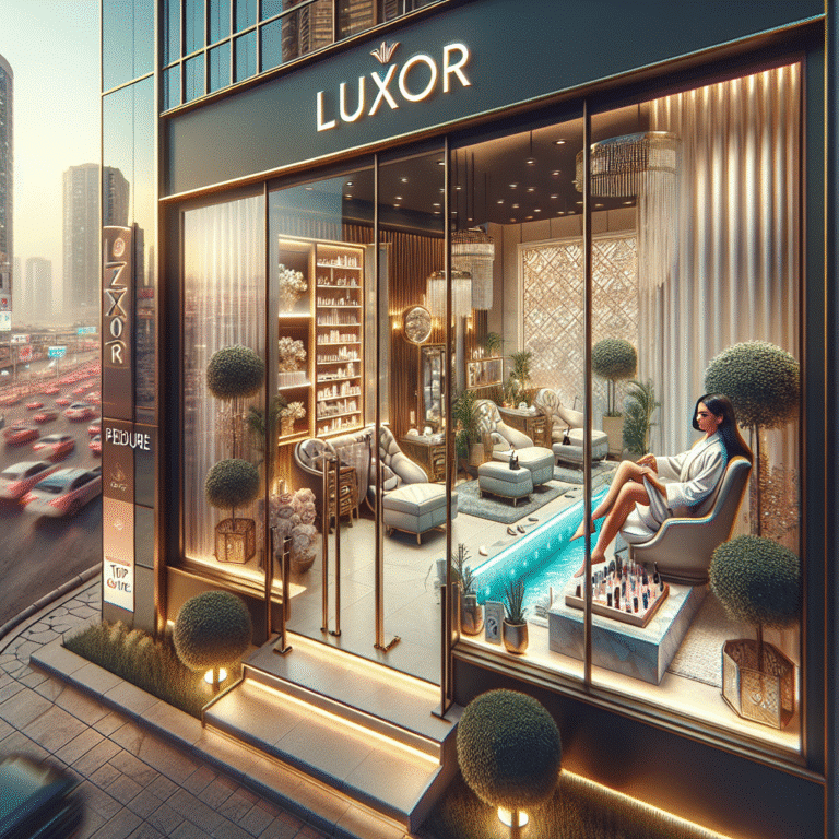 Luxury beauty salon storefront with woman pedicure