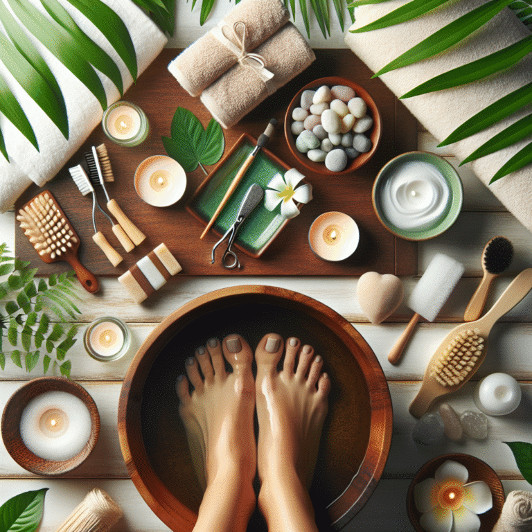 Feet soaking in spa bowl with candles and towels