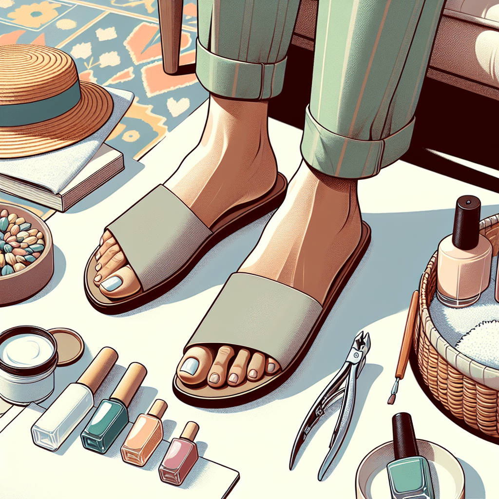 Feet in sandals surrounded by pedicure tools and polish