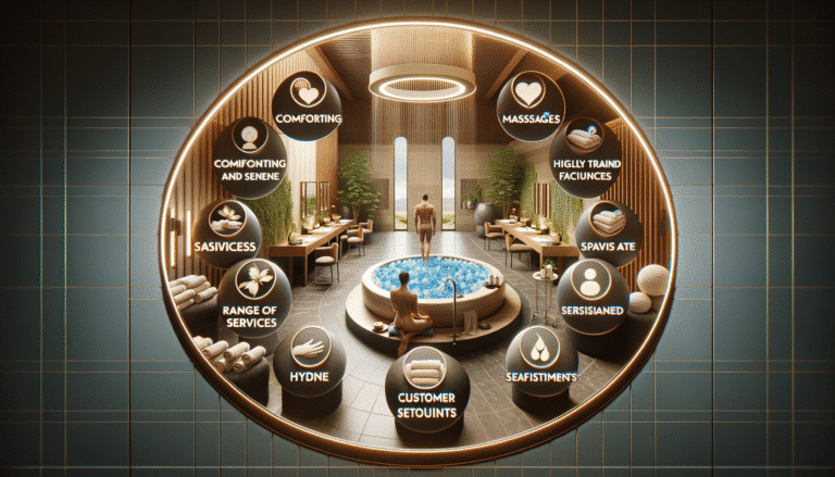 Luxury spa interior with hot tub and services icons