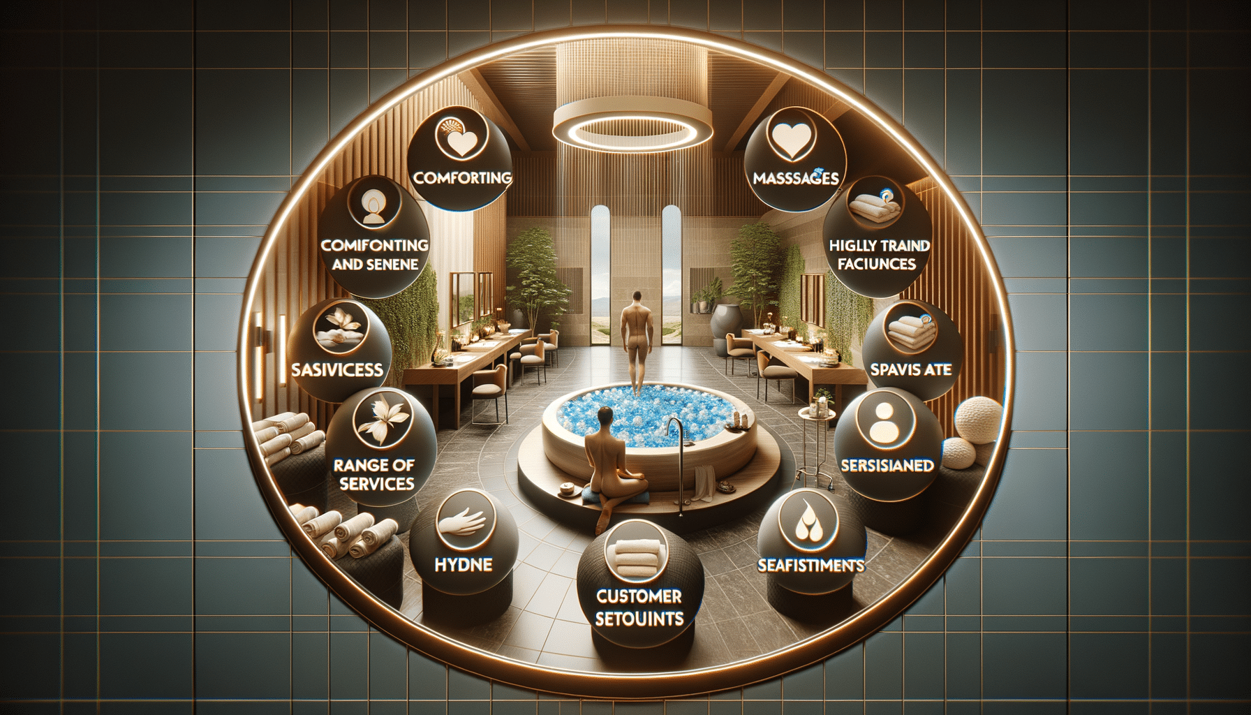 Luxury spa interior with hot tub and services icons