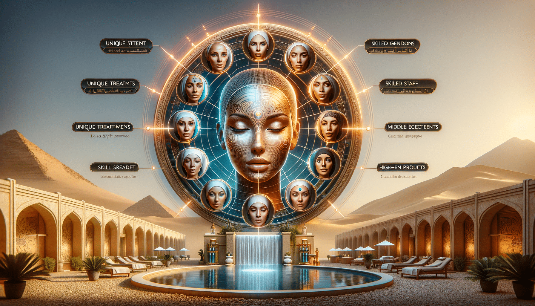 Futuristic spa infographic above luxury desert courtyard pool
