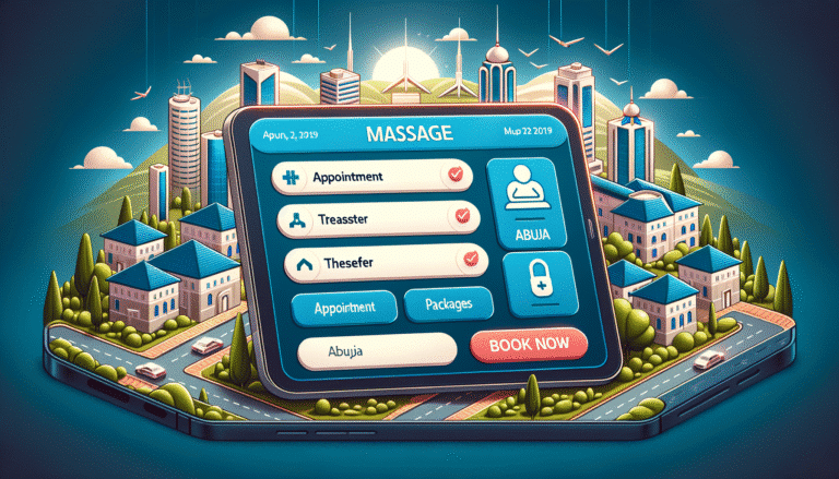 Massage booking app on tablet in Abuja cityscape
