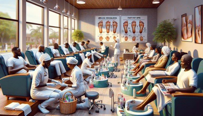 Busy foot spa with clients receiving pedicures