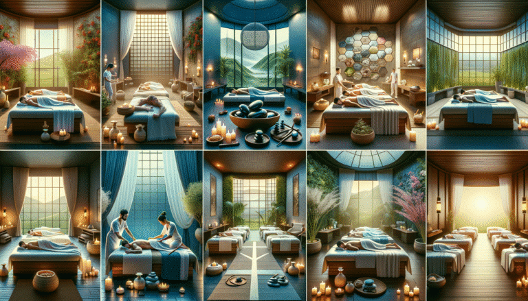 Luxury spa rooms with massage tables and candles