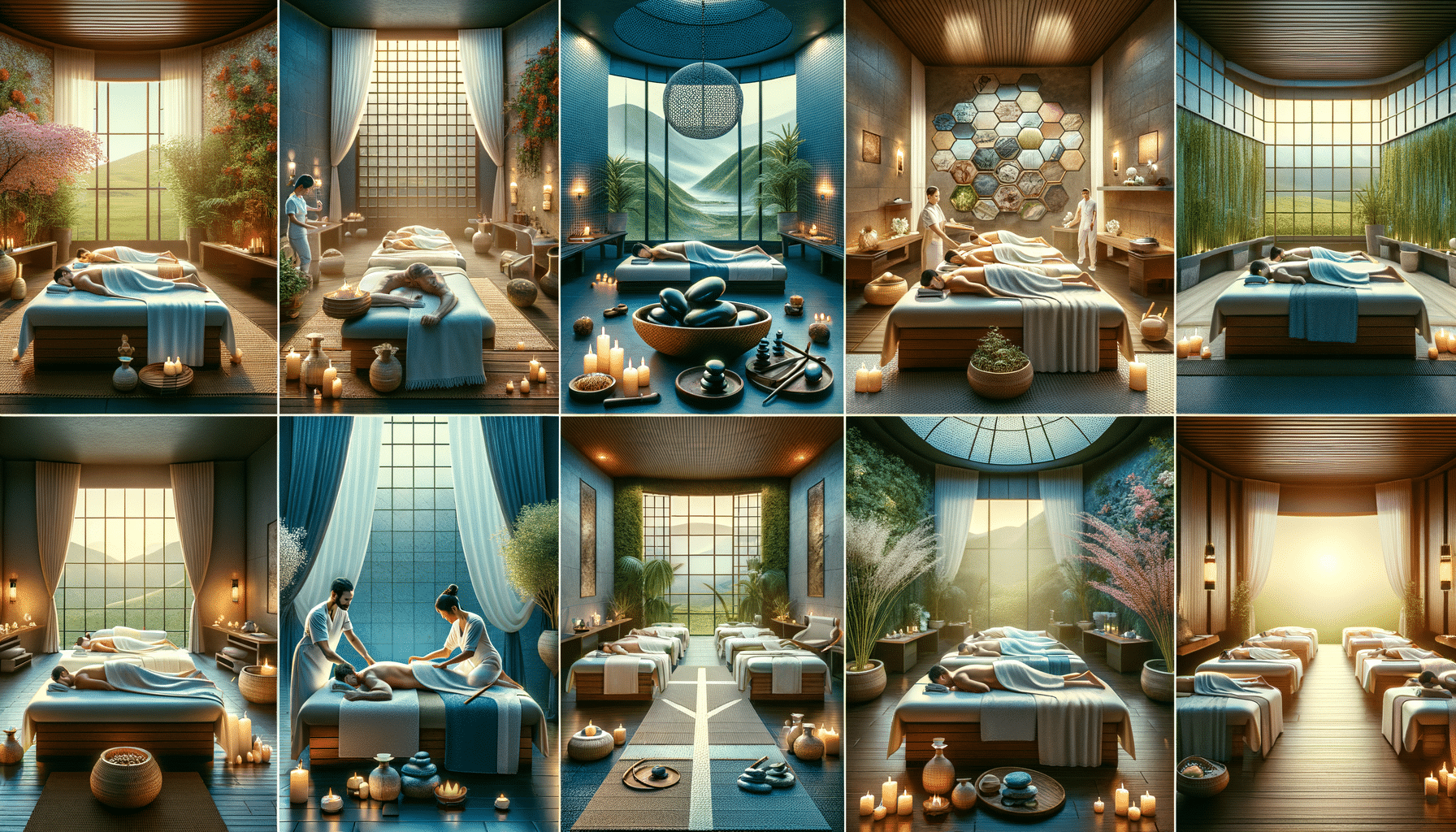Luxury spa rooms with massage tables and candles