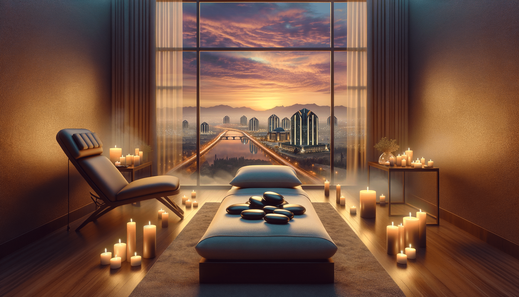 Luxury spa room with candles overlooking city skyline