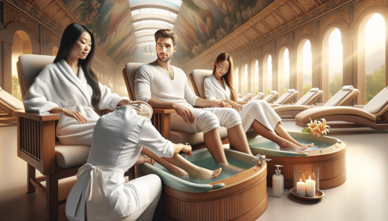 Three people enjoying luxury spa foot soak treatment