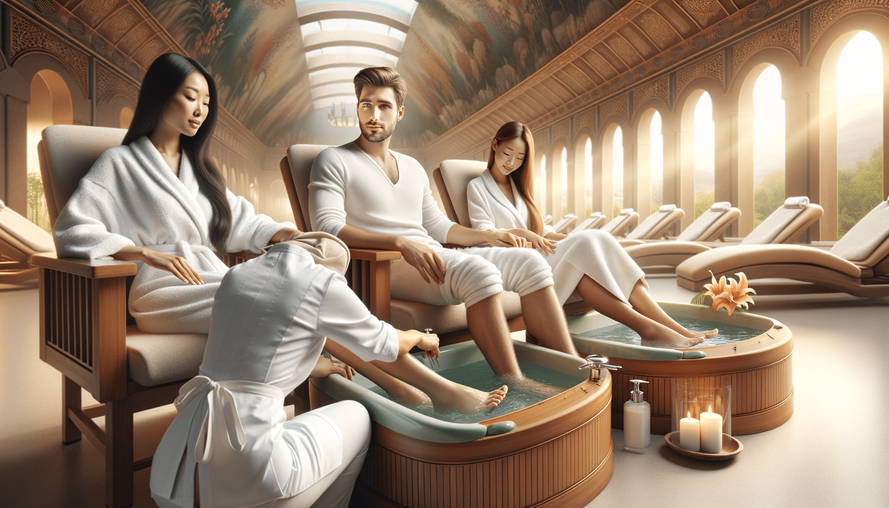 Three people enjoying luxury spa foot soak treatment