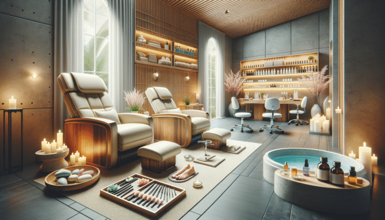 Luxury spa interior with massage chairs and candles