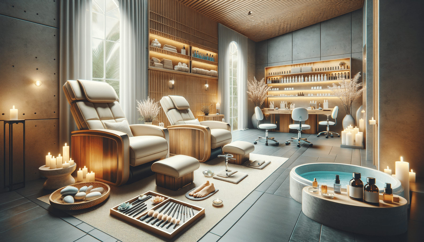 Luxury spa interior with massage chairs and candles