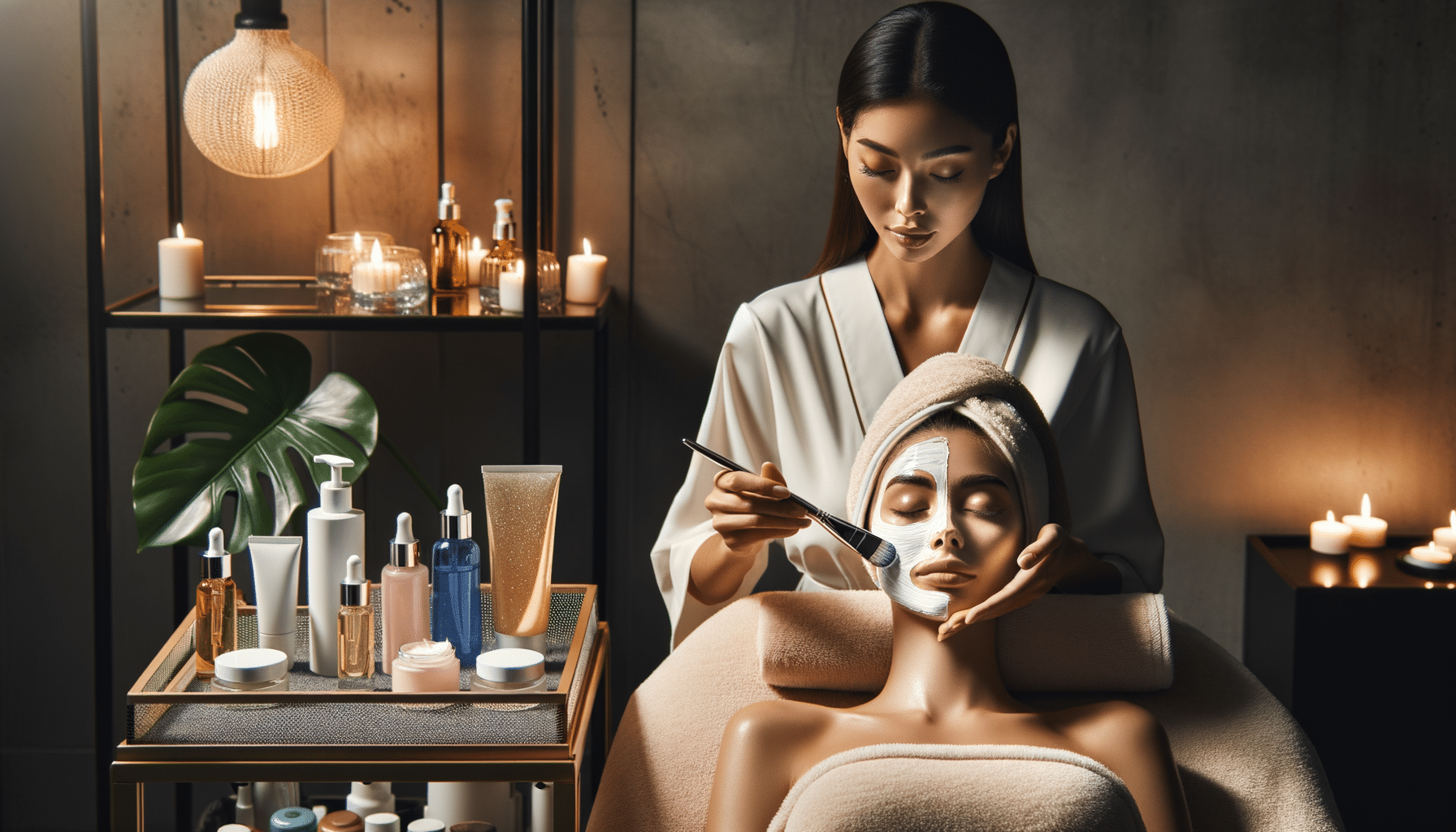 Beautician applying facial mask in candlelit spa setting