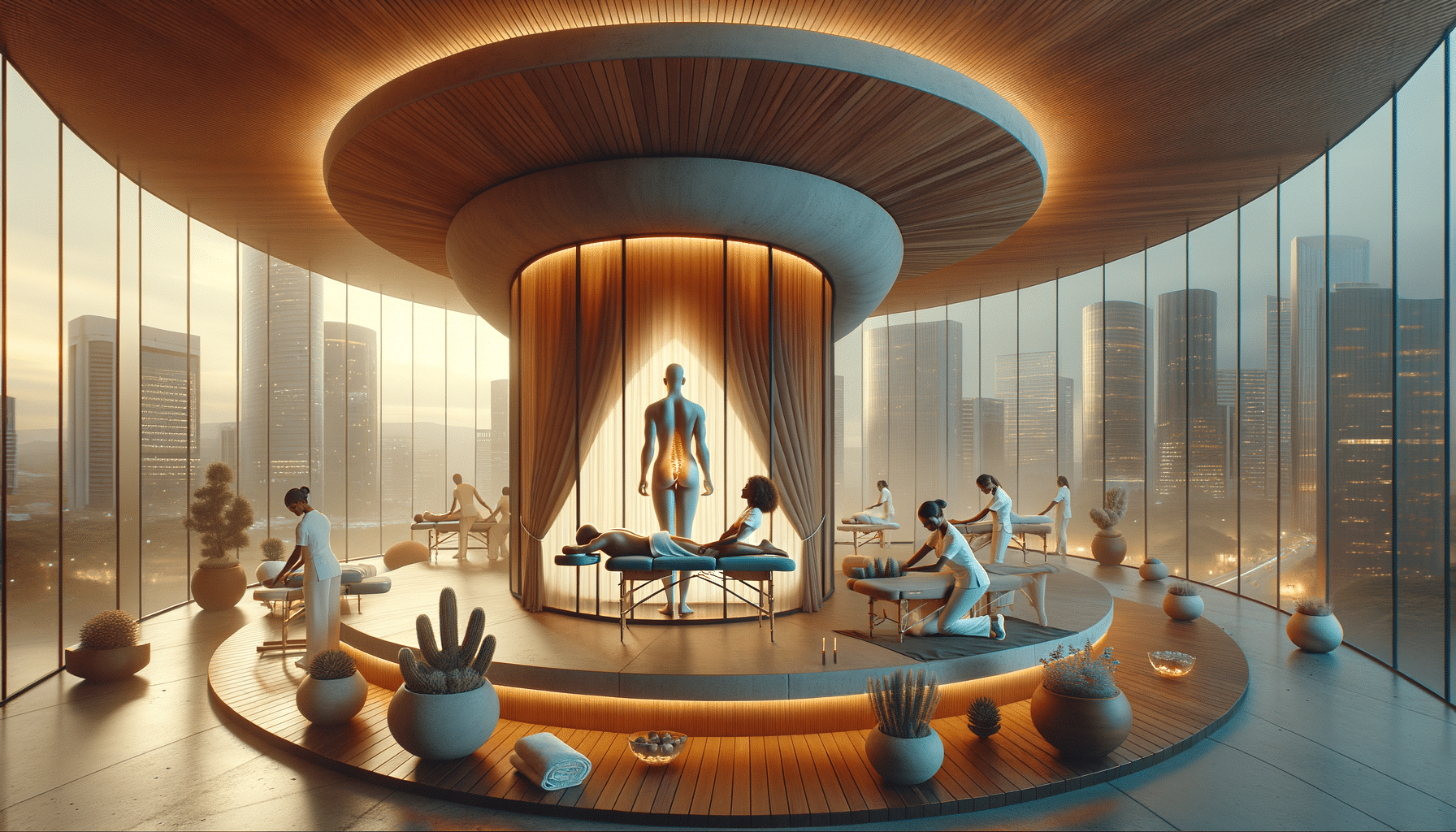 Futuristic high-rise spa with city views and massages