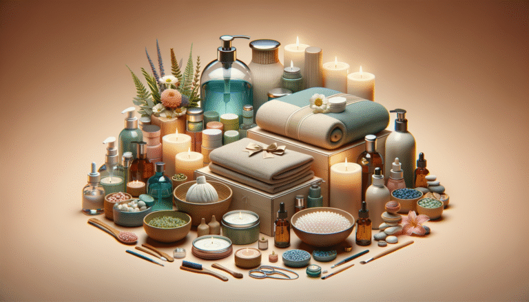 Luxury spa products, candles and folded towels display