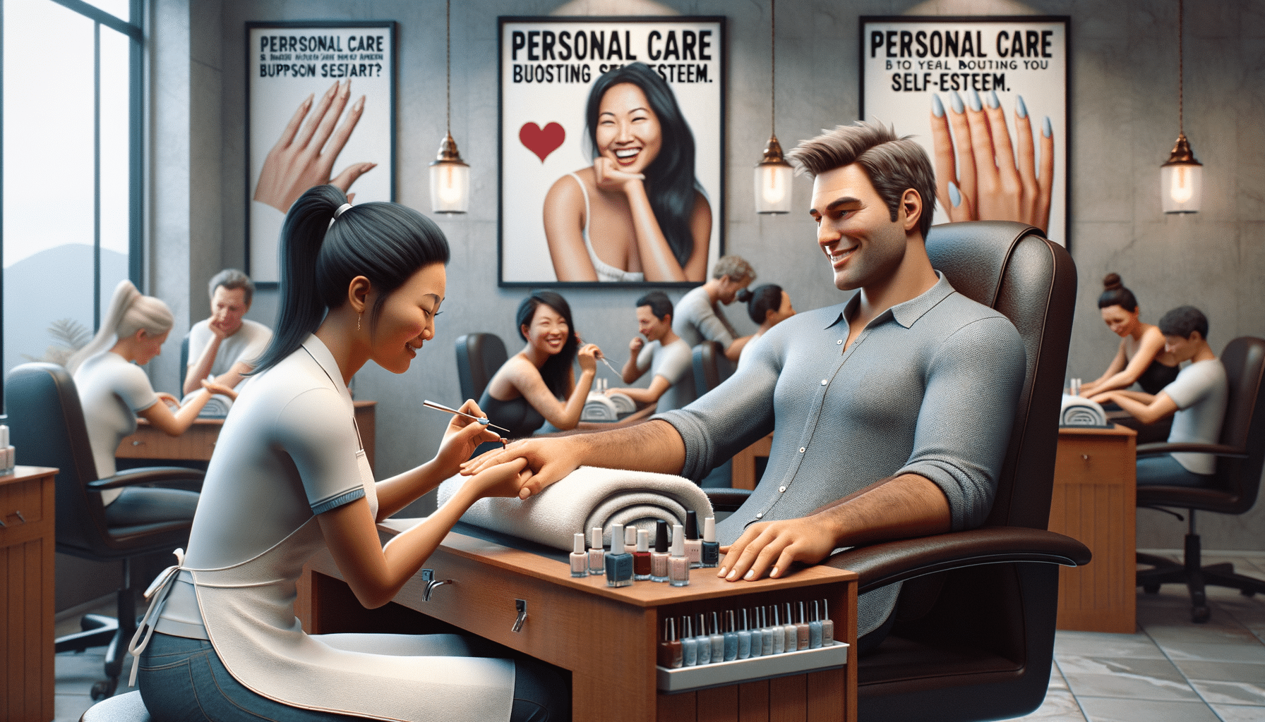 Man receiving manicure in modern nail salon