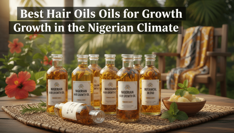 Bottles of Nigerian hair growth oils outdoors