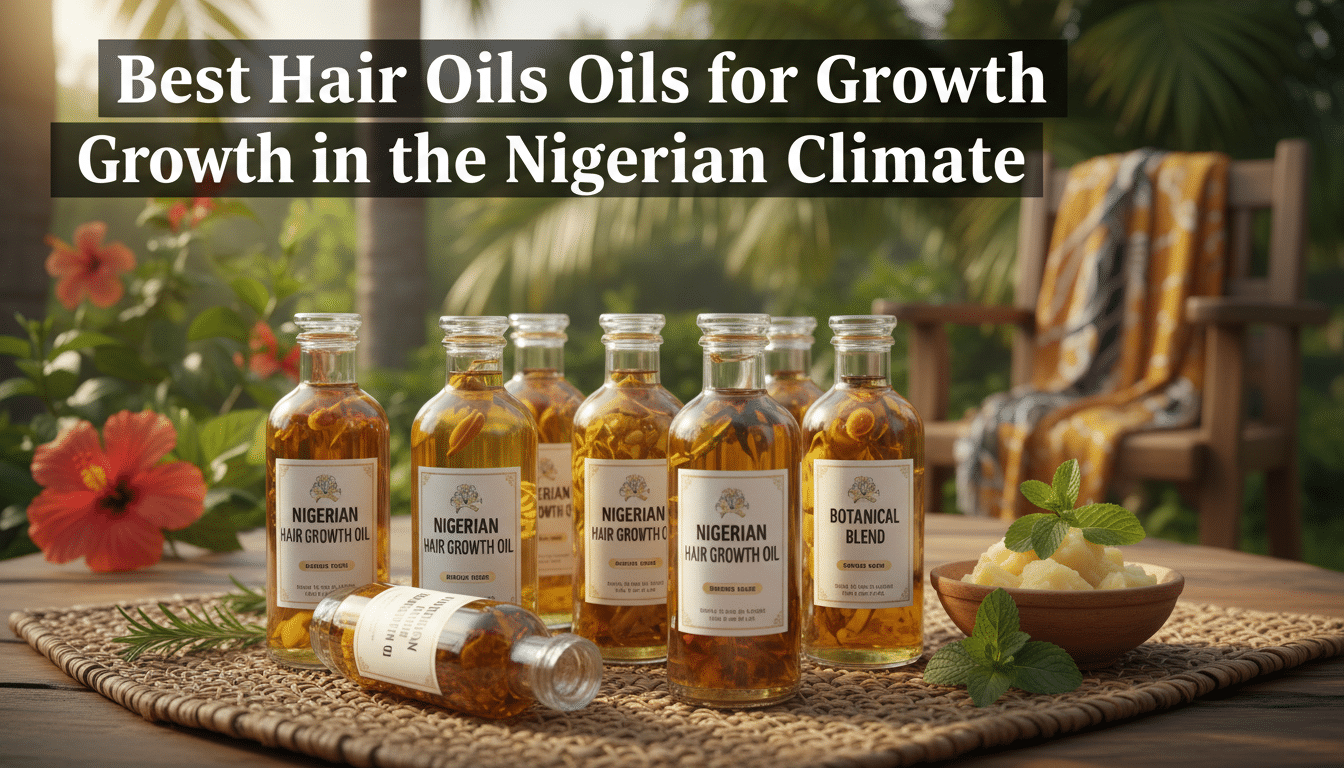 Bottles of Nigerian hair growth oils outdoors