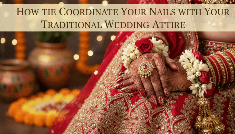 Bride's henna hands with red nails and jewellery