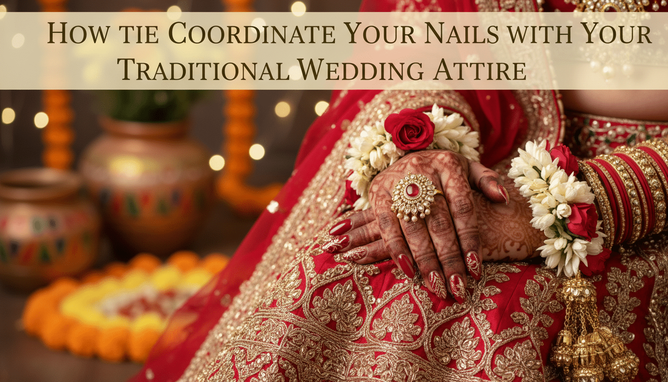 Bride's henna hands with red nails and jewellery