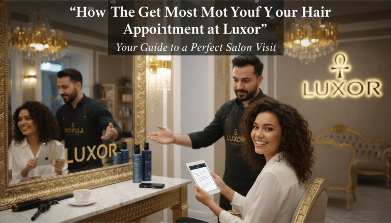 Woman at Luxor salon with stylist and tablet