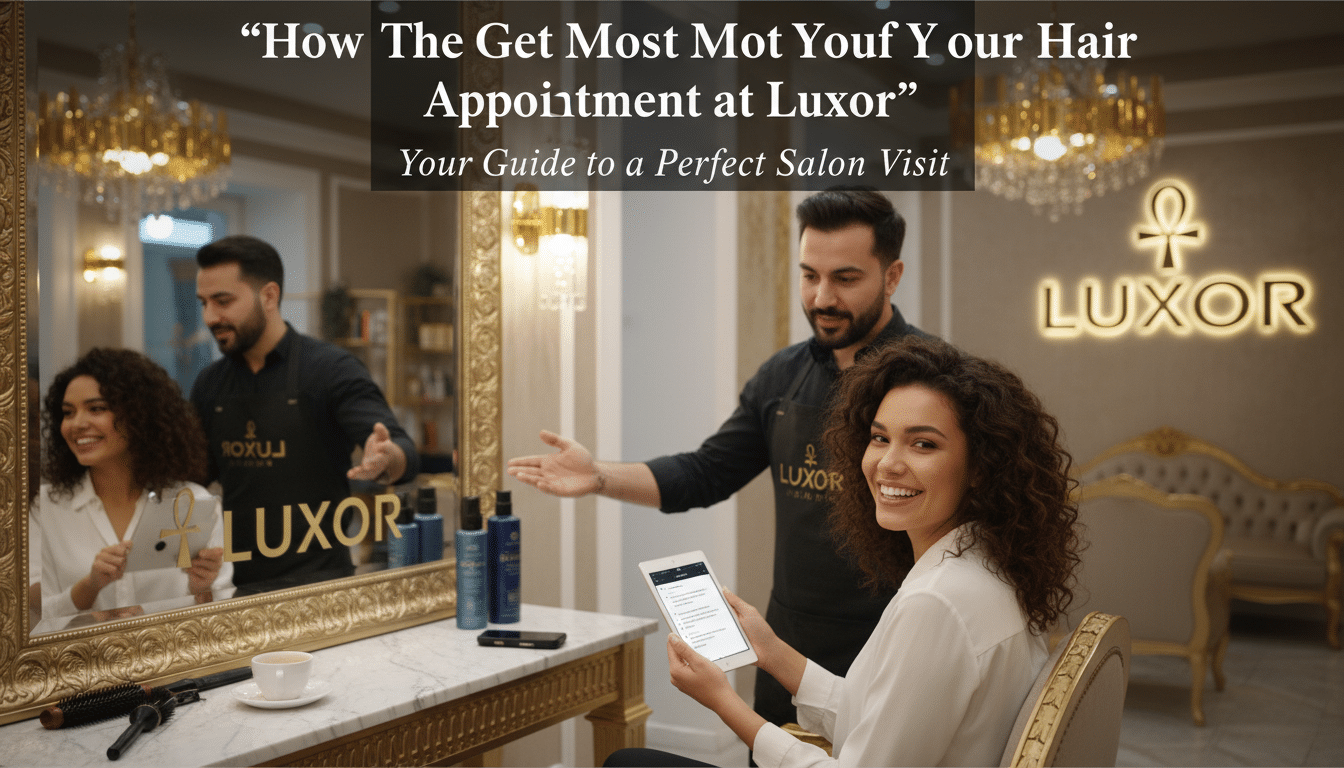 Woman at Luxor salon with stylist and tablet