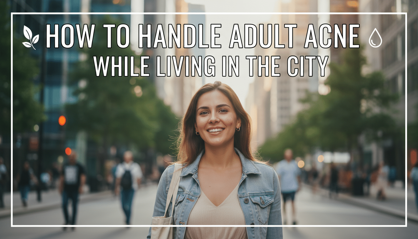 Woman in city with adult acne advice text
