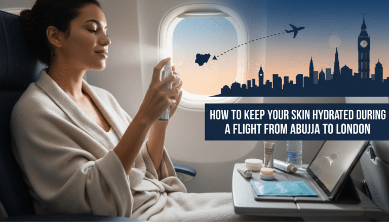 Woman moisturising skin on flight to London