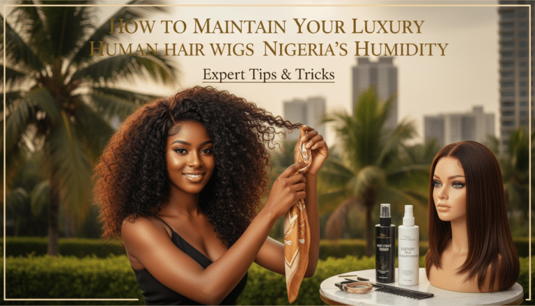 Woman styling wig with products in tropical city