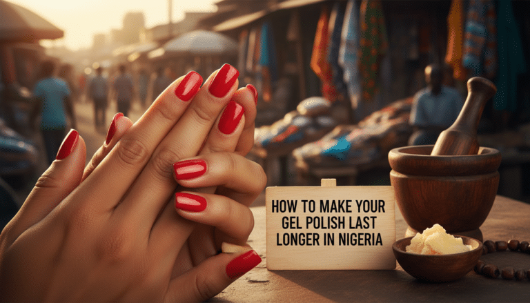 Red gel manicure with market background and sign