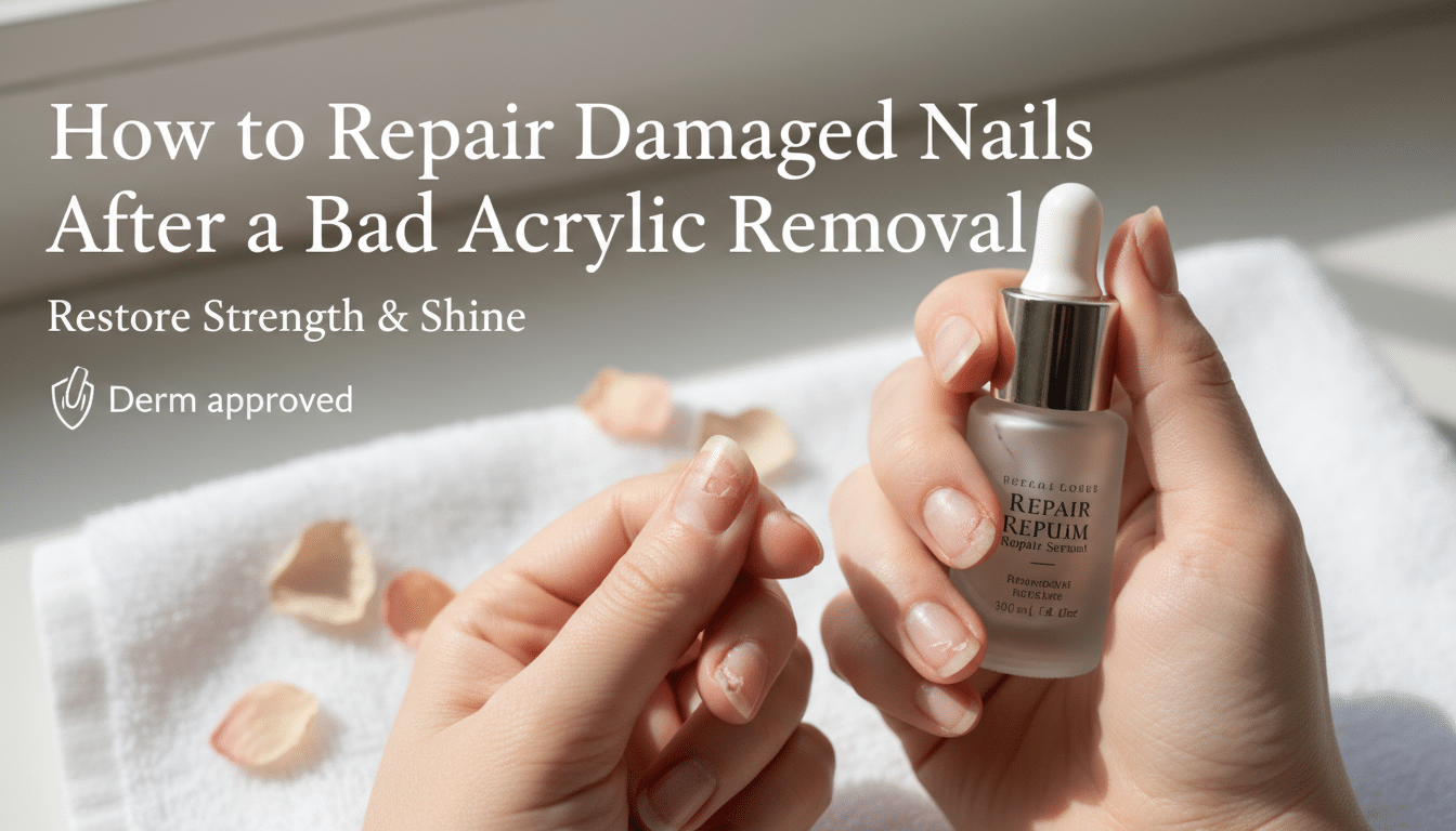 Hands holding nail repair serum for damaged nails