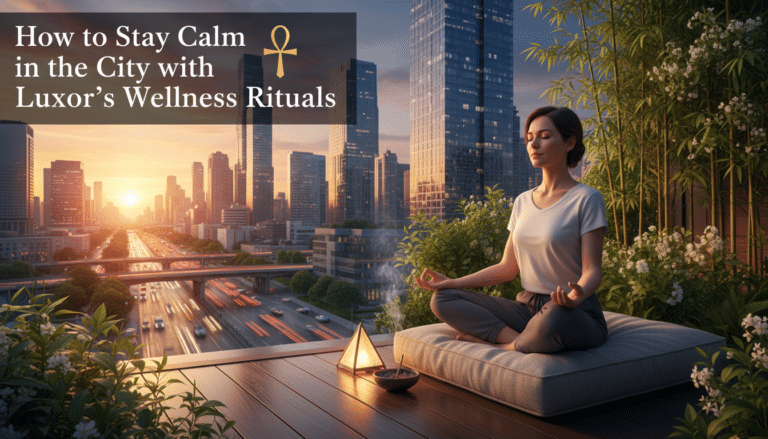 Woman meditating on rooftop overlooking city at sunset