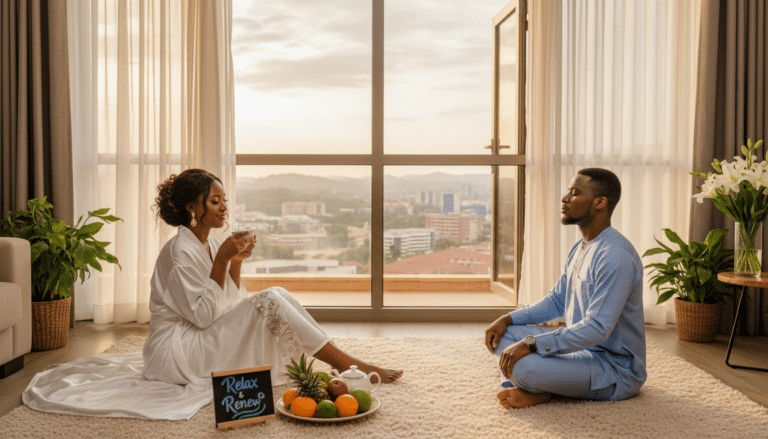 Couple meditating indoors with city view and fruit