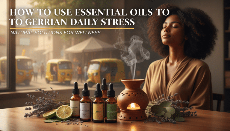 Woman relaxing with essential oil diffuser and bottles