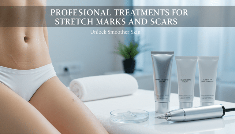 Professional stretch mark treatments with skincare products and laser device